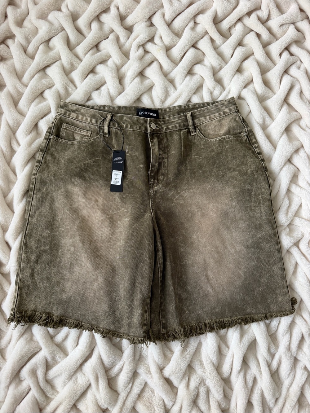 Fashion Nova Olive Washed Raw-Edge Denim Jorts